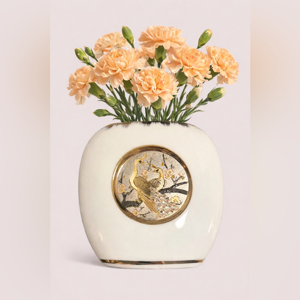 Exquisite Japanese Chokin Art Vase – Peacocks & Cherry Blossoms